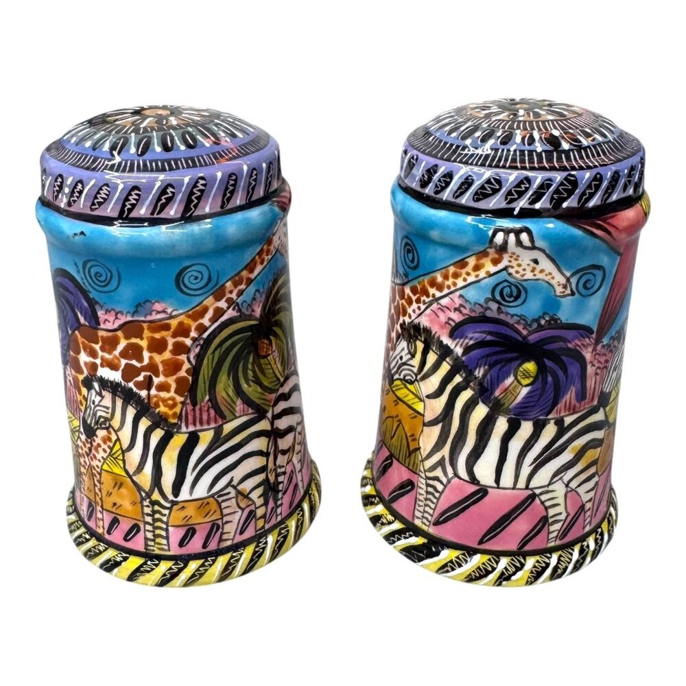 Vibrant Penzo Safari Ceramic Salt & Pepper Shakers Handpainted Zebra Giraffe 4"